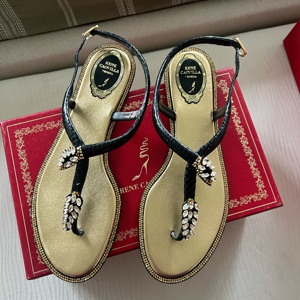 NEW Rene Caovilla Black and Gold Crystal T-Strap Sandals size 40